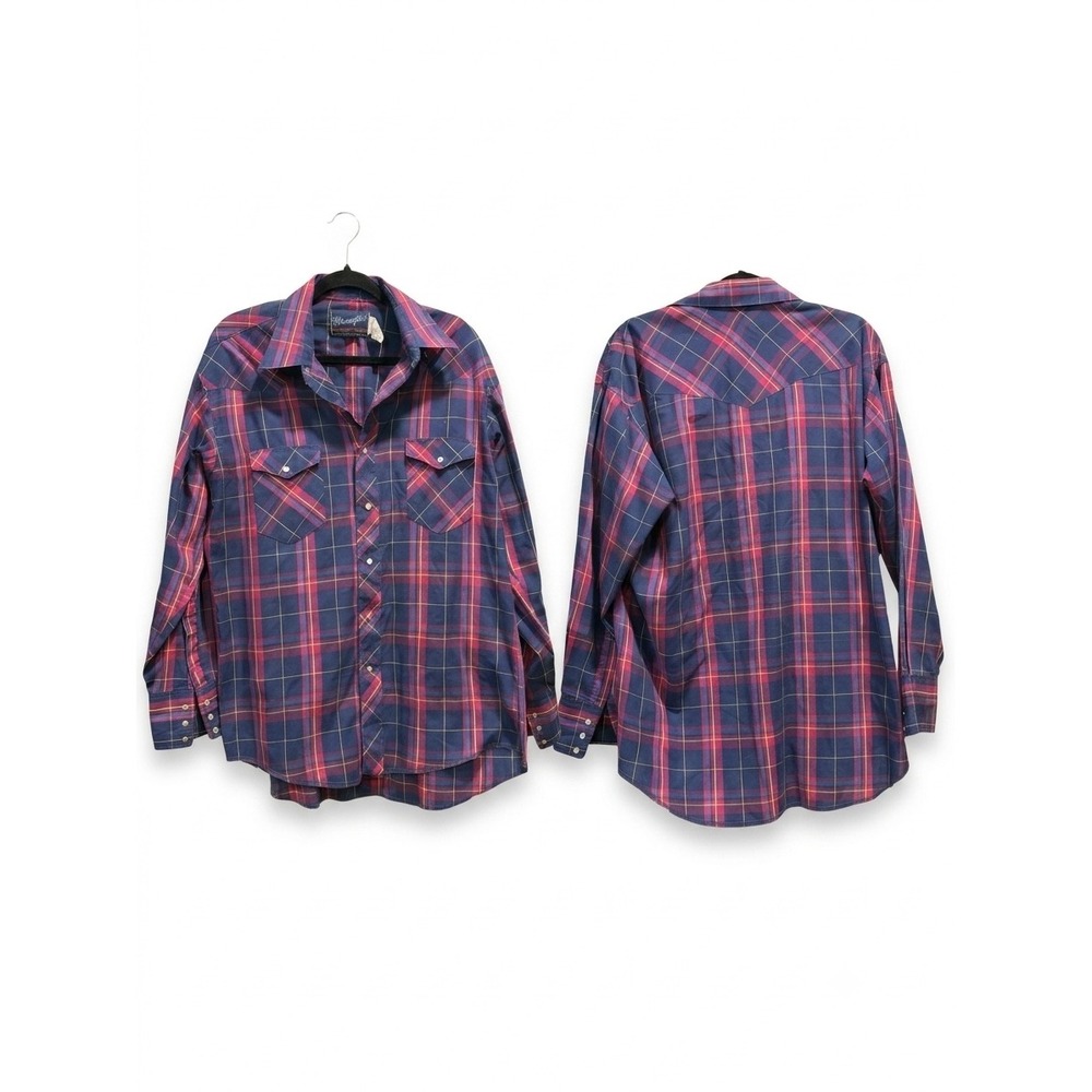 Wrangler Mens Western Plaid Pearl Snap Shirt Navy Magenta 16.5 x 34 X-Long Tails